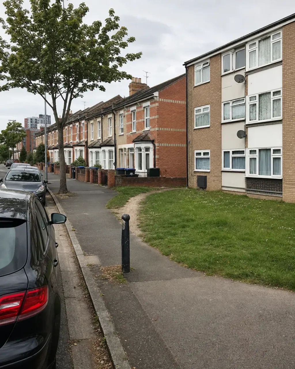 A Coley street where a 1960s low-rise block and its grassed forecourt meet a run of Victorian terraces, taller town-centre buildings in the distance