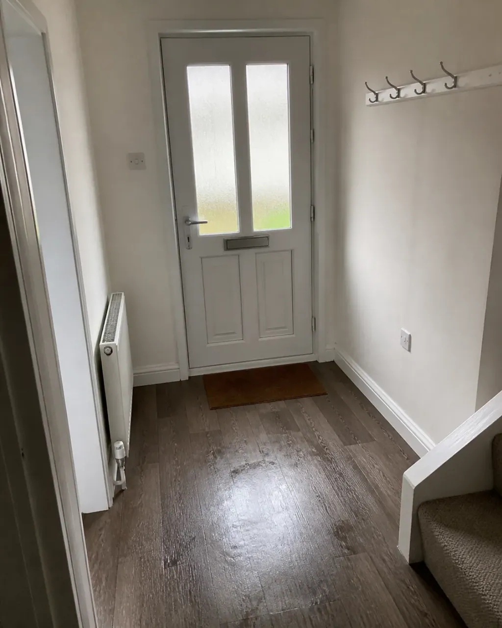 A bright entrance hallway with a frosted glass front door and empty coat hooks